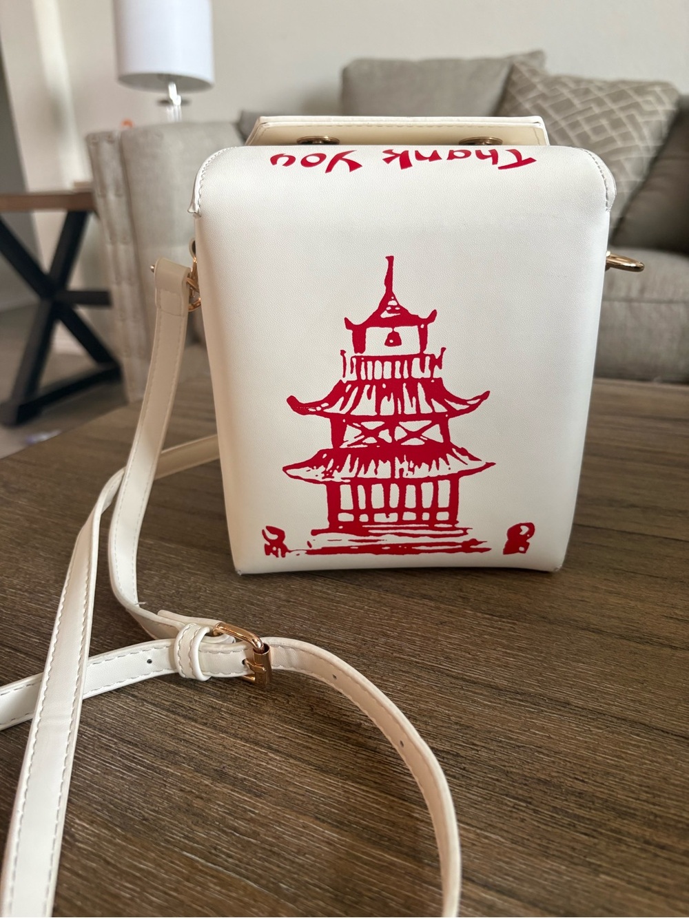 Chinese Takeout Box Crossbody Purse White Red Pagoda Novelty Handbag
